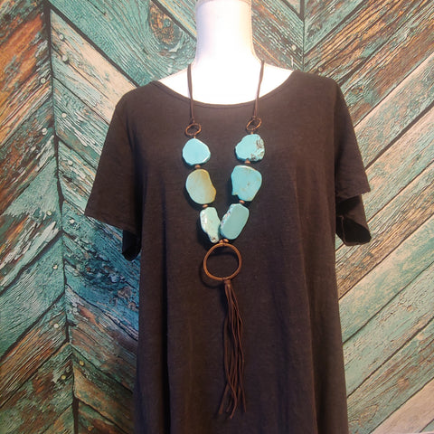 Turquoise Slab Necklace with Genuine Leather Tassel